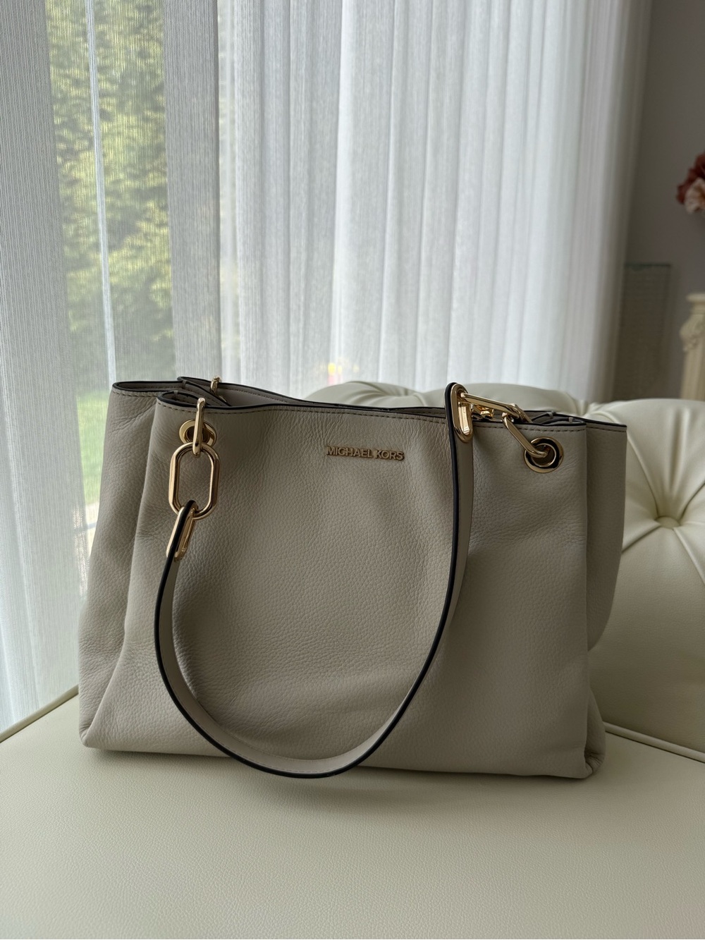 Michael Kors Light Beige Pebbled Leather Shoulder Bag with Gold Hardware